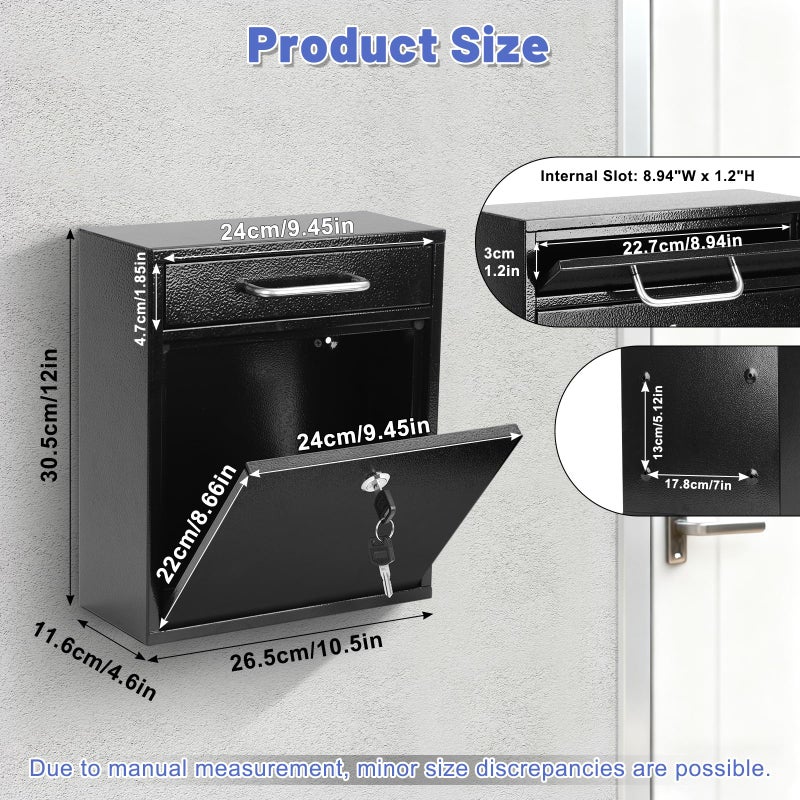 KYODOLED Steel Key Lock Mail Boxes for Outside, Locking Wall Mount Mailbox, Security Key Drop Box for Home, Office or Commercial, 12H x 10.5L x 4.6W Inches, Black Large - Image 3